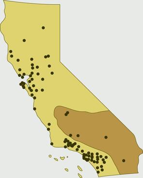 Misdiagnoses of brown recluse spider bites (represented by dots) in California, compared to the known distribution (shaded area) of the native desert recluse. Some dots represent a city with more than one diagnosis.